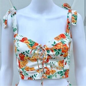 Wayf Floral Lace-Up Tank Top - Orange and Green